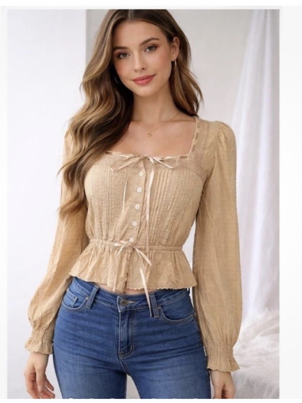 American Eagle Peasant Top Peplum Blouse Lace Trim Tan boho Cottage core-Sz M